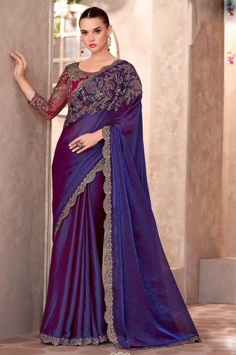 Purple satin georgette embroidered saree with unstitched blouse piece