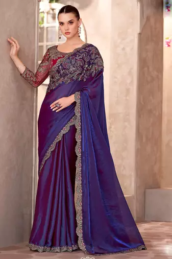 Purple satin georgette embroidered saree with unstitched blouse piece