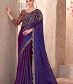 Purple satin georgette embroidered saree with unstitched blouse piece