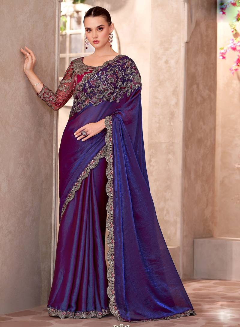 Purple satin georgette embroidered saree with unstitched blouse piece
