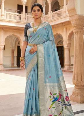 Sky Blue Meenakari Zari weawing Cotton Saree 2