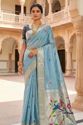 Sky Blue Meenakari Zari weawing Cotton Saree