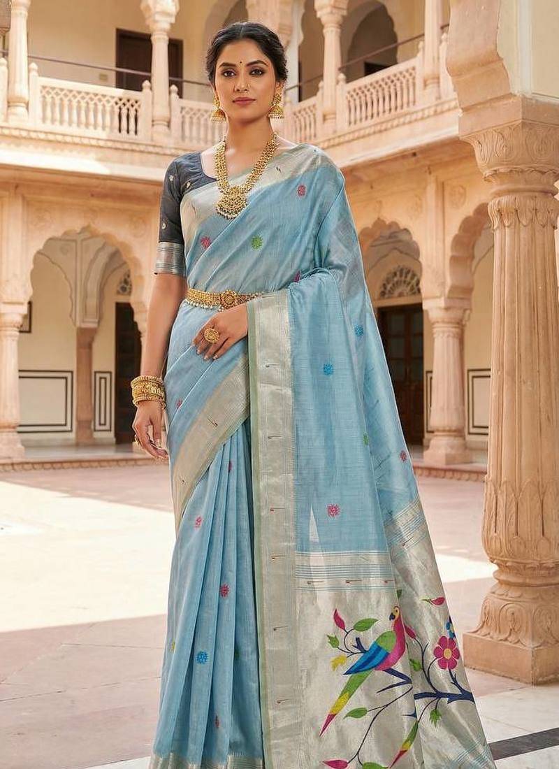 Sky Blue Meenakari Zari weawing Cotton Saree