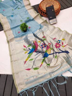 Sky Blue Meenakari Zari weawing Cotton Saree 3