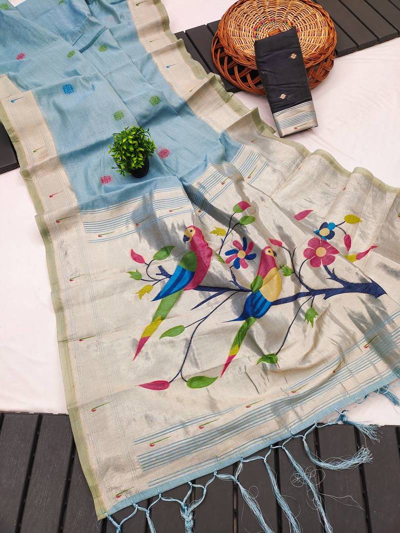 Sky Blue Meenakari Zari weawing Cotton Saree