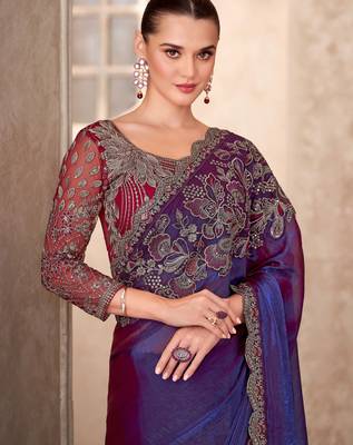 Purple satin georgette embroidered saree with unstitched blouse piece 2