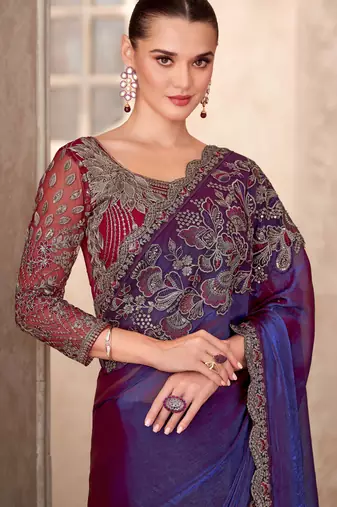 Purple satin georgette embroidered saree with unstitched blouse piece