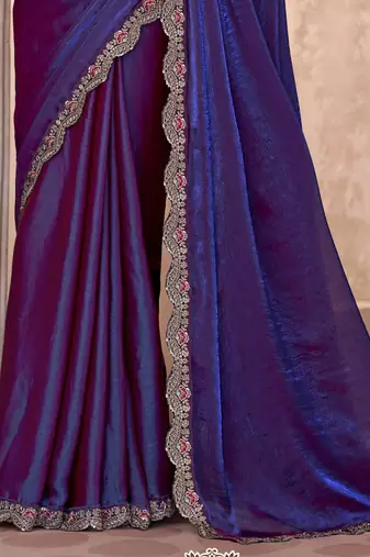 Purple satin georgette embroidered saree with unstitched blouse piece