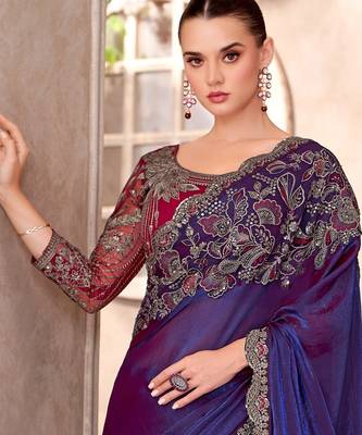 Purple satin georgette embroidered saree with unstitched blouse piece 4