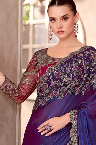 Purple satin georgette embroidered saree with unstitched blouse piece