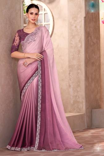 Mauve chiffon embroidered saree with unstitched blouse piece