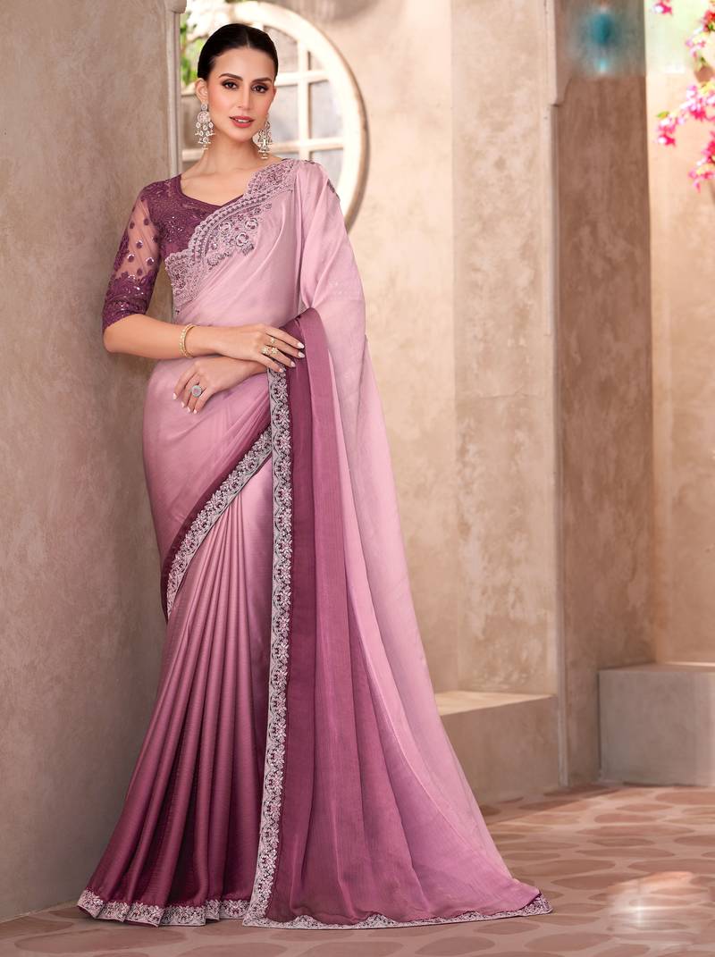Mauve chiffon embroidered saree with unstitched blouse piece