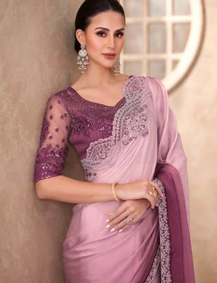 Mauve chiffon embroidered saree with unstitched blouse piece 2