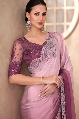 Mauve chiffon embroidered saree with unstitched blouse piece