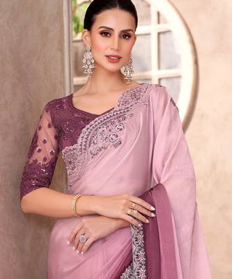 Mauve chiffon embroidered saree with unstitched blouse piece 4