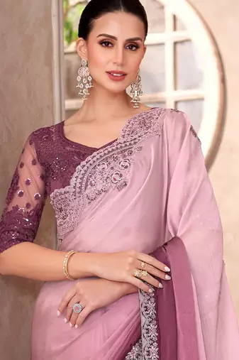 Mauve chiffon embroidered saree with unstitched blouse piece