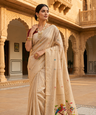 Cream Meenakari Zari weawing Cotton Saree