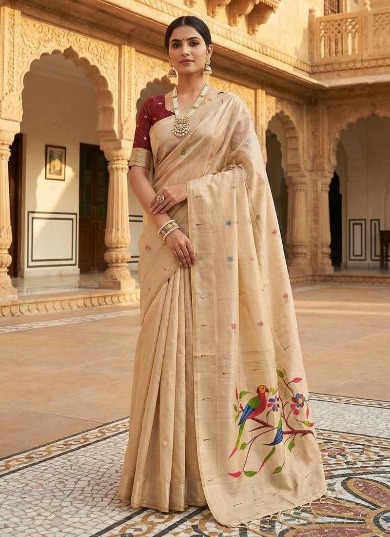 Cream Meenakari Zari weawing Cotton Saree