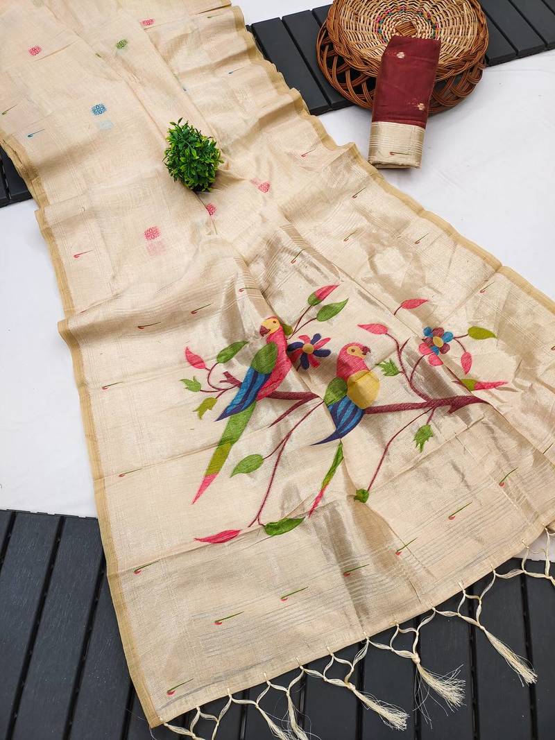 Cream Meenakari Zari weawing Cotton Saree