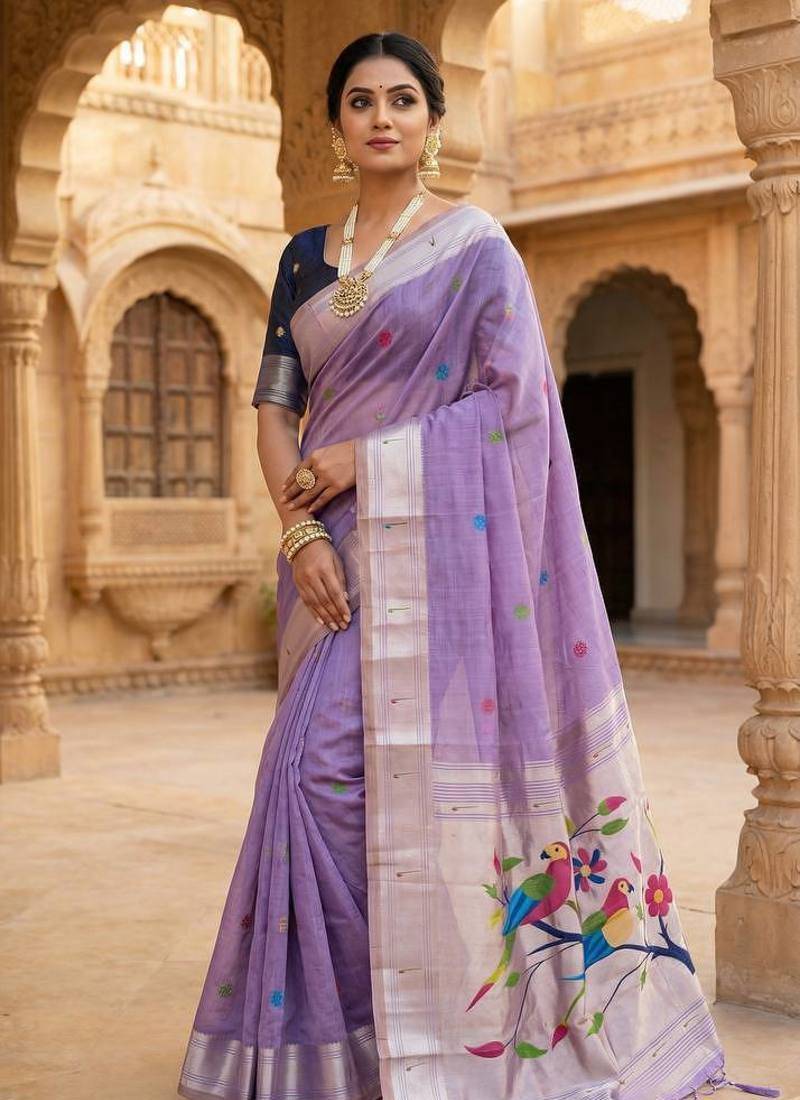Lavender Meenakari Zari weawing Cotton Saree