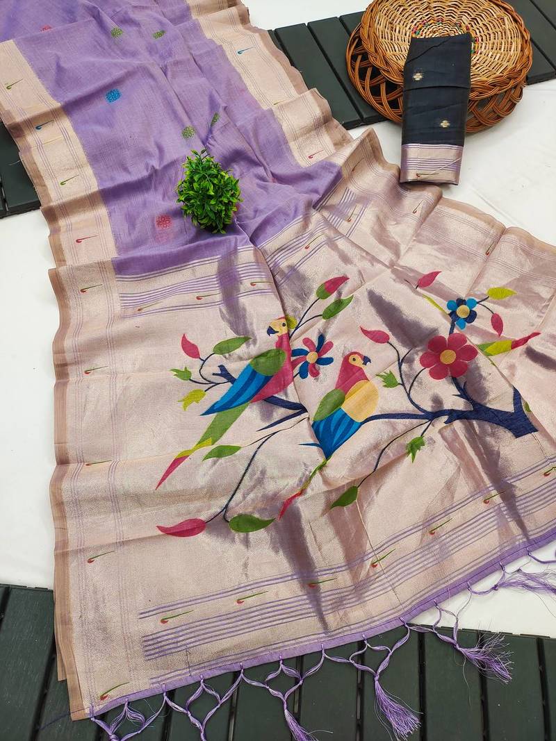 Lavender Meenakari Zari weawing Cotton Saree