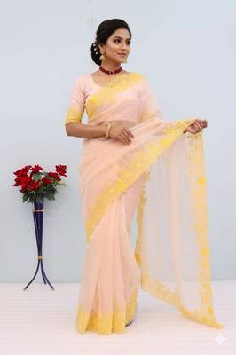 peach emboidered cut work organza saree with blouse 4