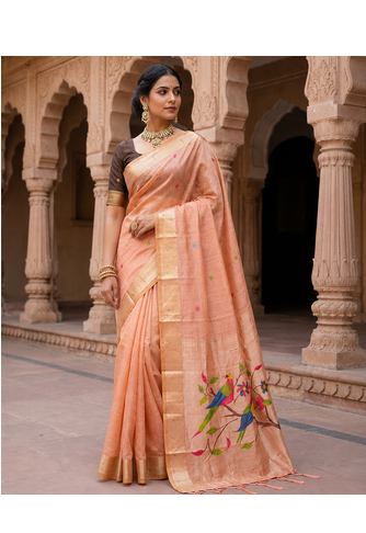 Light Orange Meenakari Zari weawing Cotton Saree 1