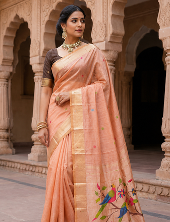Light Orange Meenakari Zari weawing Cotton Saree