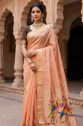 Light Orange Meenakari Zari weawing Cotton Saree
