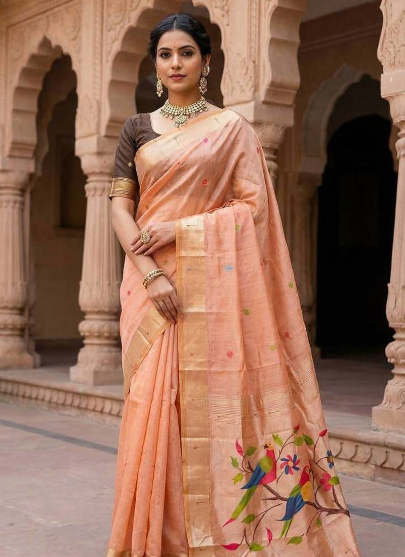Light Orange Meenakari Zari weawing Cotton Saree