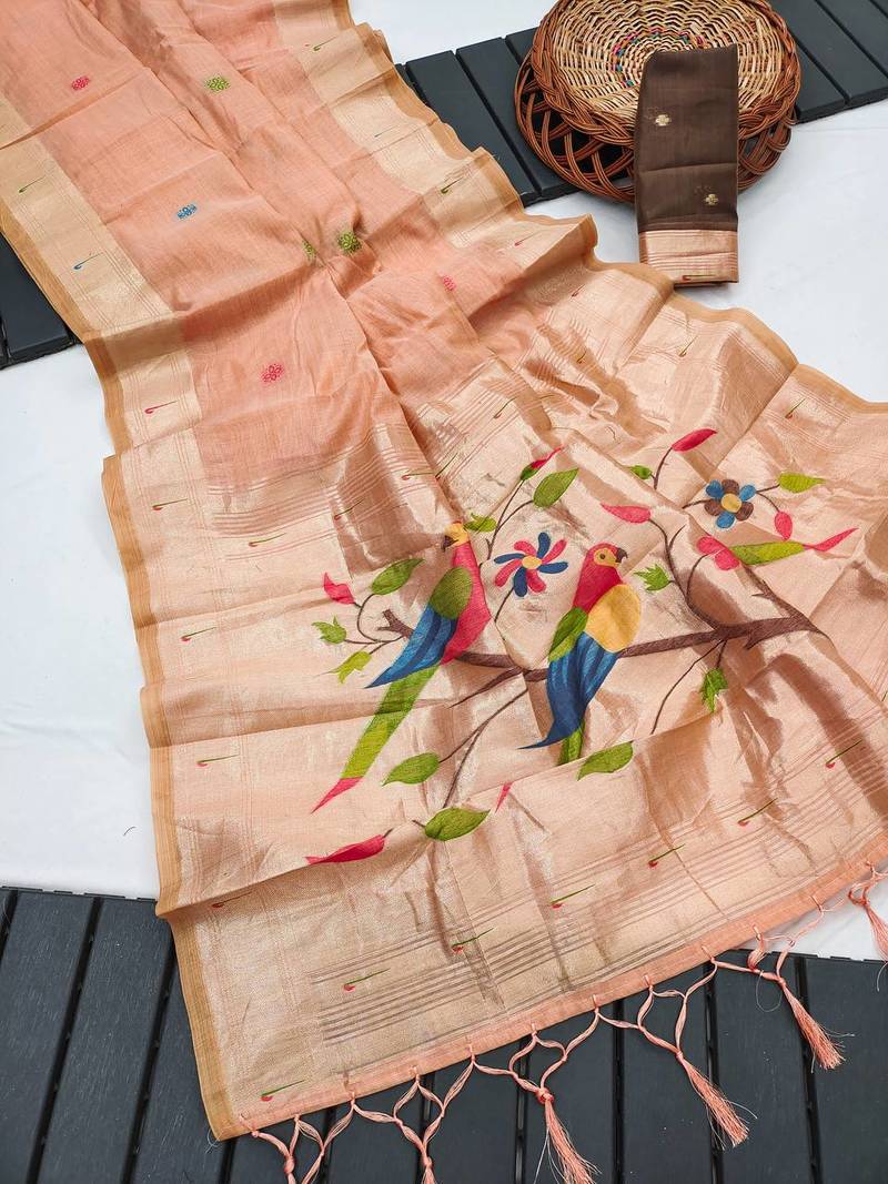 Light Orange Meenakari Zari weawing Cotton Saree
