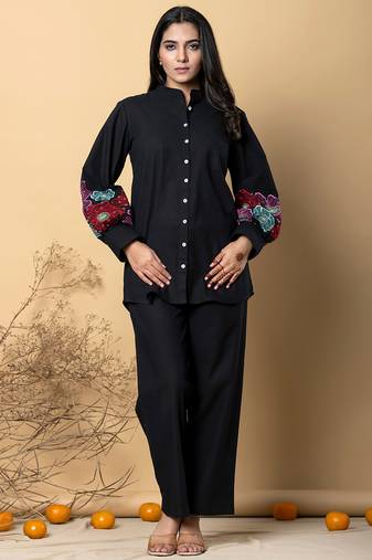 Women's cotton black embellished co-ord-set