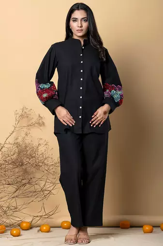 Women's cotton black embellished co-ord-set