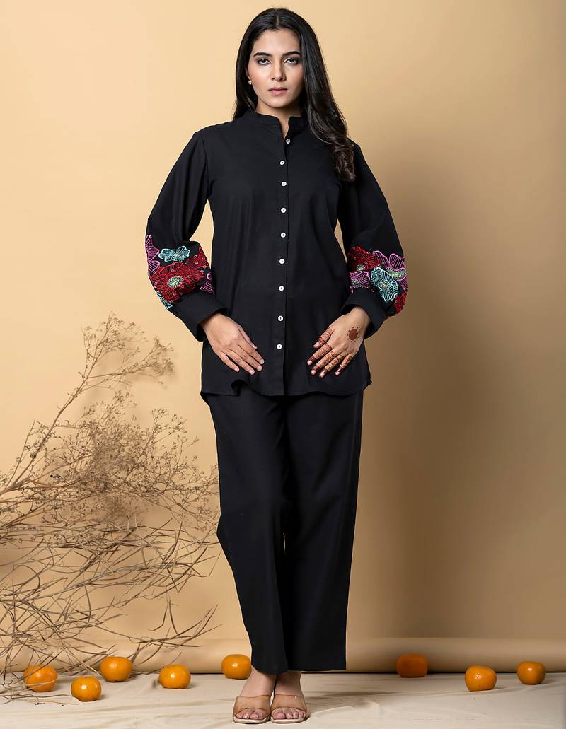 Women's cotton black embellished co-ord-set