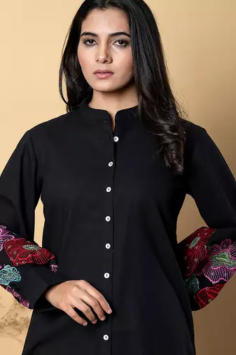 Women's cotton black embellished co-ord-set