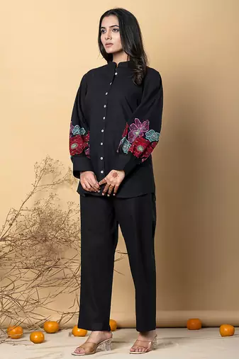 Women's cotton black embellished co-ord-set