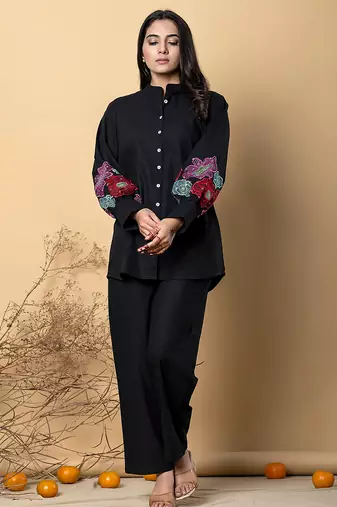 Women's cotton black embellished co-ord-set
