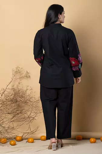 Women's cotton black embellished co-ord-set