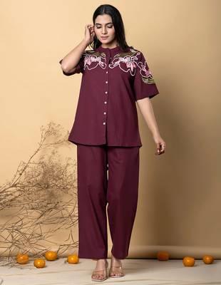 Women's cotton dark maroon embellished co-ord-set 1