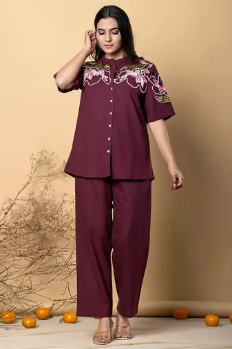 Women's cotton dark maroon embellished co-ord-set
