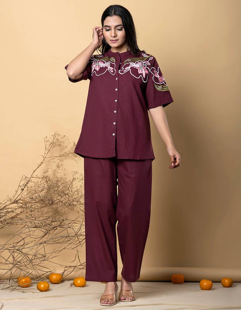Women's cotton dark maroon embellished co-ord-set