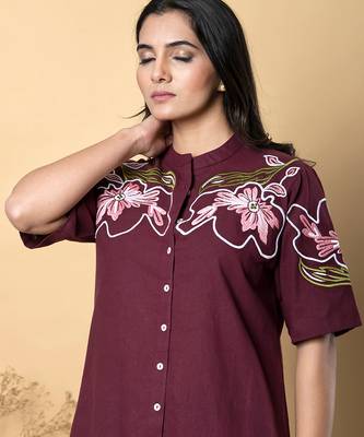 Women's cotton dark maroon embellished co-ord-set 2