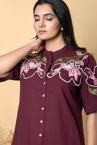 Women's cotton dark maroon embellished co-ord-set