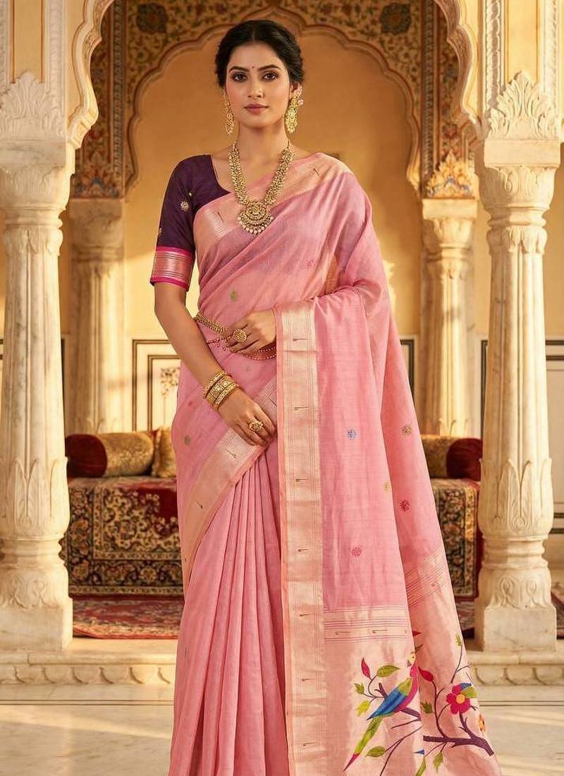 Pink Meenakari Zari weawing Cotton Saree