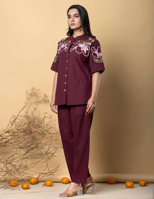 Women's cotton dark maroon embellished co-ord-set 3