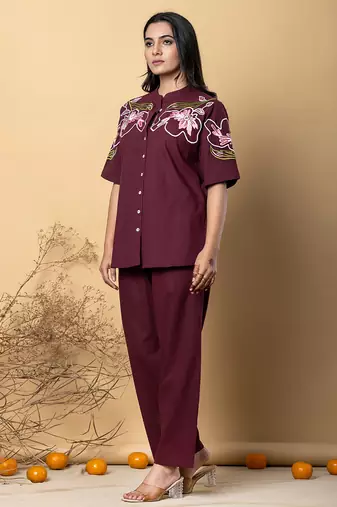Women's cotton dark maroon embellished co-ord-set