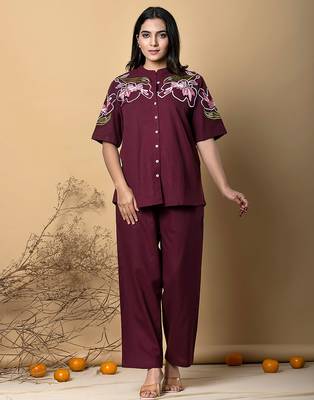 Women's cotton dark maroon embellished co-ord-set 4