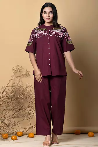 Women's cotton dark maroon embellished co-ord-set