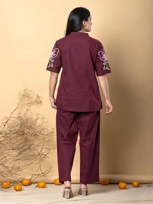 Women's cotton dark maroon embellished co-ord-set 5