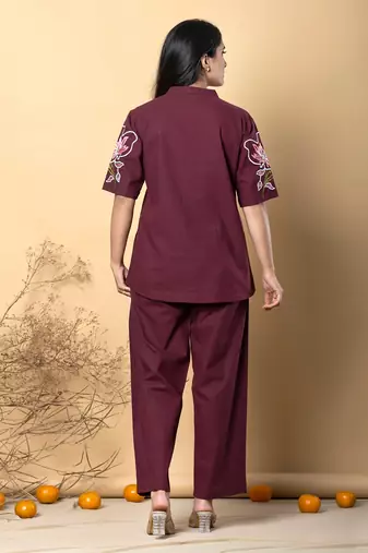 Women's cotton dark maroon embellished co-ord-set
